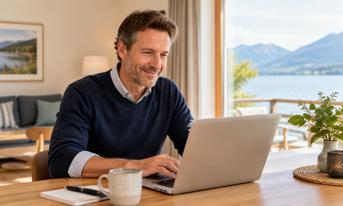 Host working on a laptop in a modern holiday home